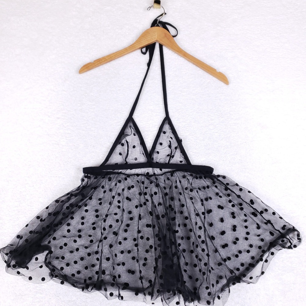 Black‎ Polka Dot Sheer Mesh Halter Babydoll Top Sleeveless Flared Underbust XS